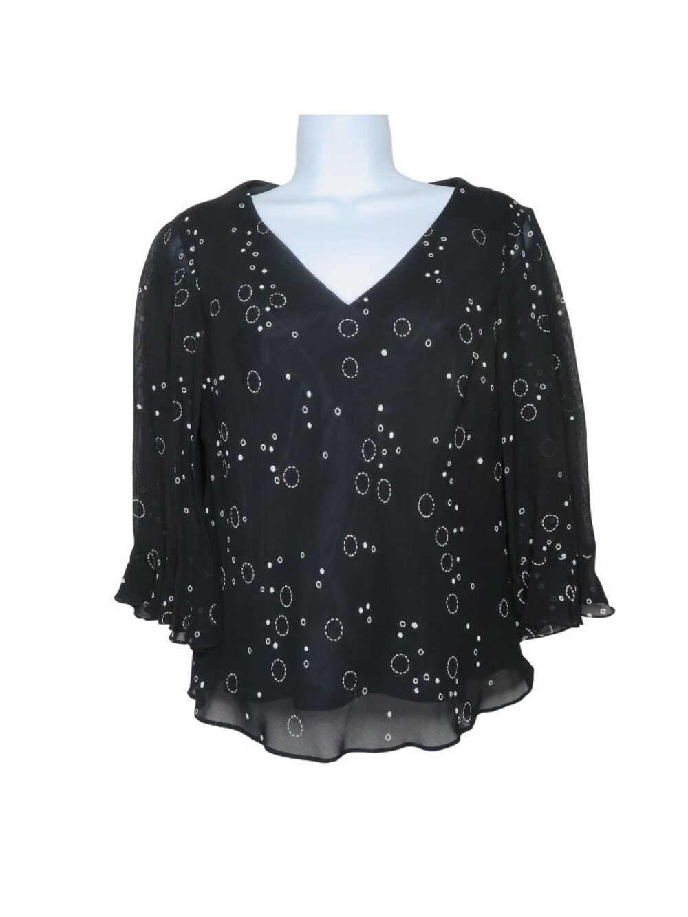 Evan-Picone Black Sheer Blouse White Dot Print Ruffle Sleeves Size 4 Lined
